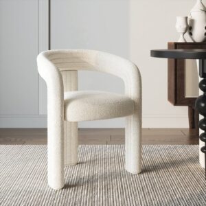 Modern White Boucle Dining Chair with Armrest - Upholstered Comfort