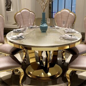 Modern Round Faux Marble Top Dining Table with Stainless Steel Base in Beige