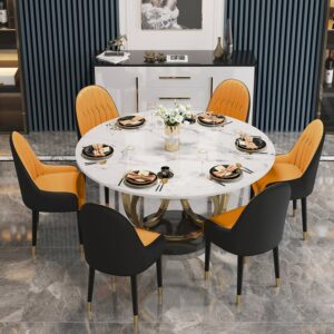 Modern Sintered Stone Dining Room Set for 6 PU Leather Black&Orange Chairs