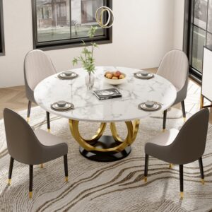 Dining Table Sets 53" Round Faux Marble Top Dining Table White & Gray with 4 Chairs