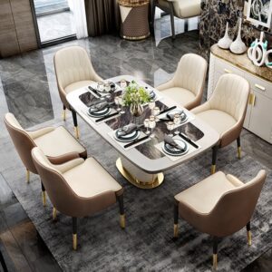 Modern 1600mm Marble Rectangle Pedestal Dining Table PU Leather&Stainless Steel in Gold
