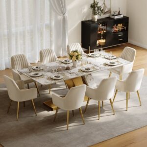 Modern 87" Rectangle Faux Marble Dining Table with 8 Chairs in Gold