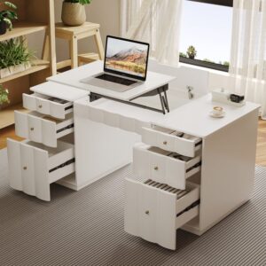 Adjustable Height Desk with 6 Drawers, Wireless Charging & Power Outlet - French Style Cream White Computer Desk for Home Office