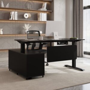 Electric Standing Desk Set Black L-Shaped Adjustable Desk with Office Chair and Storage