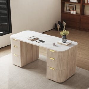 Modern White Ash & Stone Desk, 6 Drawers, 63.8"