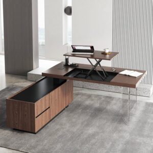 71.5" Modern Walnut L-Shape Executive Desk with Lift-Top, Side Cabinet, and Acrylic Leg