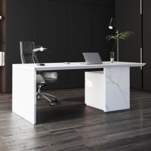 59.8" Modern White Desk with Movable File Cabinet and Marble Veneer