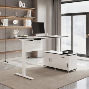Modern White L-Shaped Adjustable Electric Standing Desk with 3 Doors & Drawer (63") for Home & Office