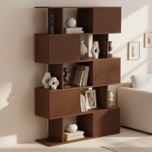 72.8" Walnut Sliding Door Etagere Bookshelf 5-Tier Storage Shelf Mid-Century Modern Style