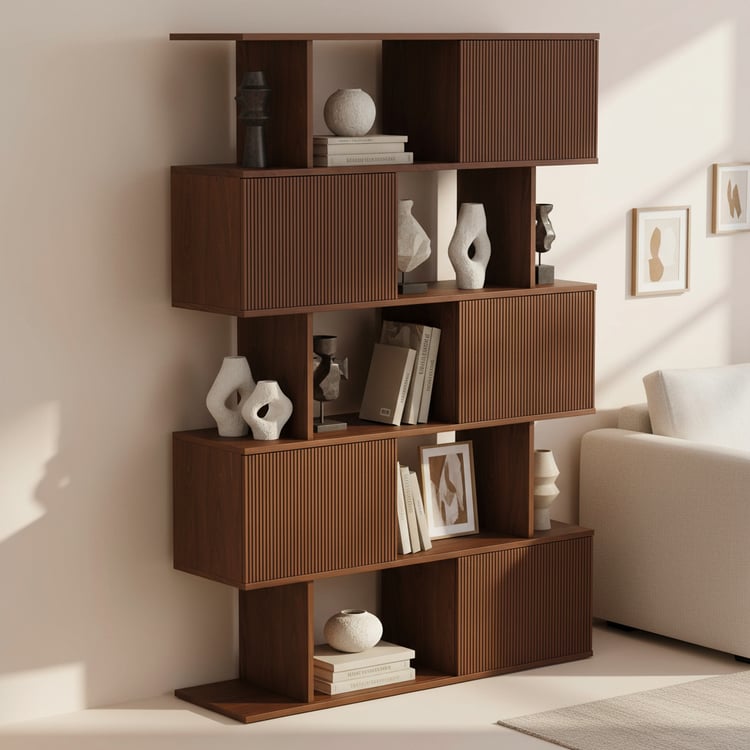 72.8" Walnut Sliding Door Etagere Bookshelf 5-Tier Storage Shelf Mid-Century Modern Style