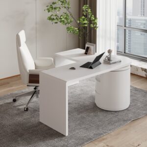 60" L-Shaped Matte Warm White Executive Desk Rotating Design with Drawers
