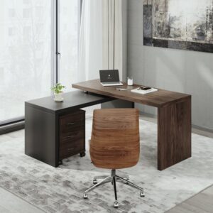Modern L Shaped Executive Desk with Movable File Cabinet, Black & Walnut Office Desk for Home & Office (59.8'')