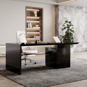 Modern Glossy Black Wooden Home Office Desk with Movable File Cabinet Office Furniture (59.8")