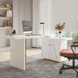 Modern White L-Shape Writing Desk with Side Cabinet Wood Office Desk Gold Finish