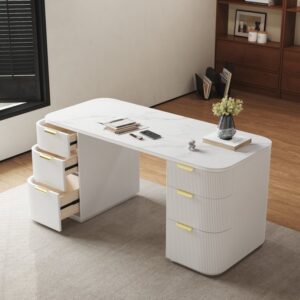 Modern White Ash Wood & Sintered Stone Oval Desk with 6 Drawers (1620mm)