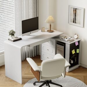 Modern 73" L-Shaped White Rotating Desk with Keyboard Tray & Storage