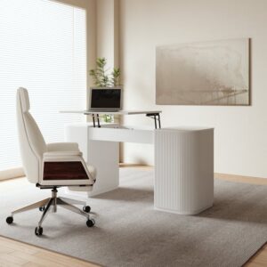 Modern White Standing Desk with 2 Doors & Ample Storage, Height Adjustable Office Desk (59.8'')