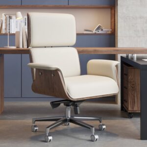 Modern Off White Home Office Chair with Upholstered Swivel, High Back & Adjustable Height
