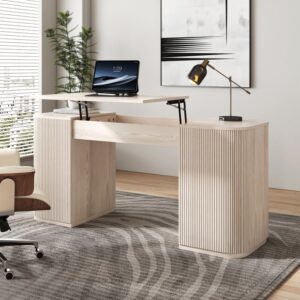 Modern Wash White Standing Desk with 2 Doors & Storage, Height Adjustable Office Desk (59.8'')
