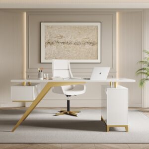 Hungled 71" Modern White Computer Desk with Gold Legs, Storage & 1 Cabinet
