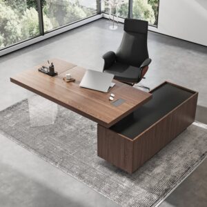 Set Modern Walnut Standing L-Shape Desk & Reclining Leather Office Desk Chair (1815mm)