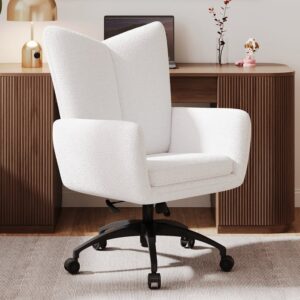 Modern White Adjustable Office Chair with High Back & Boucle Upholstery