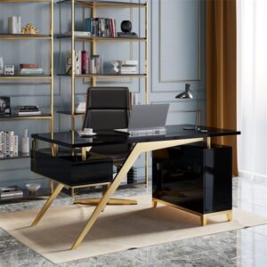 Hungled 55" Modern Black & Gold Office Desk with Storage File Cabinet (Wooden)