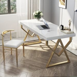 Modern White Rectangular Writing Desk with Gold Base