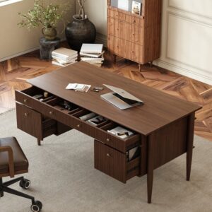 Mid-Century Solid Wood Home Office Desk with 6 Drawers Walnut Executive Writing Desk (64")