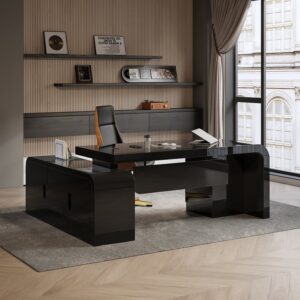 Modern Black L-Shaped Executive Desk with Storage, 5 Drawers & Cabinets (70.9")