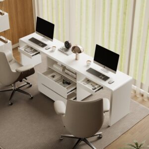 Modern 94" White Double Desk with Drawers for 2