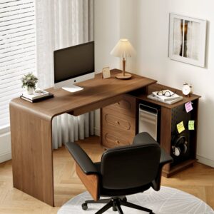 Walnut L-Shaped Rotating Desk with Keyboard Tray & Storage