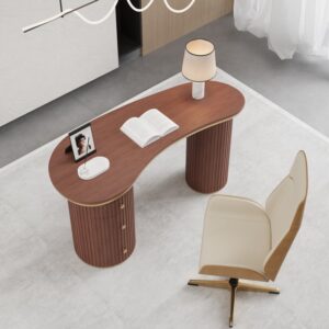 55.1" Modern Walnut Curved Desk 3-Drawer Wooden Home Office Desk Double Pedestal