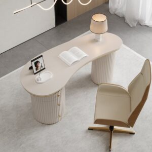 55.1" Modern Off-White Curved Desk with 3 Drawers