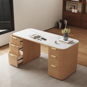 Modern White Marble Oval Desk with 6 Drawers (1620mm)