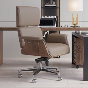 Modern Khaki Home Office Chair Upholstered Swivel Wooden Desk Chair Task Adjustable Height