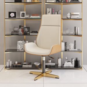 Leather Office Desk Chair with High Back & Adjustable Swivel in Beige & Gold