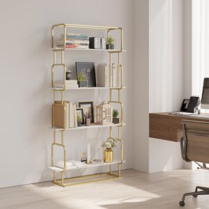 Modern White Tall Freestanding Wooden Office 4 Shelves Etagere Bookcase in Gold