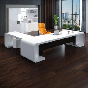 94.5" L-Shaped Modern Executive Desk with Drawers in White & Black for Home & Office
