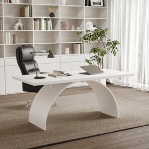 Modern White Rectangular Writing Desk & Office Desk Chair Set High Back