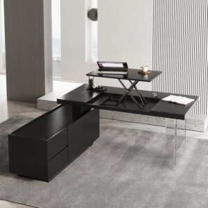 Modern Black L-Shape Desk with Lift-Top & Side Cabinet for Home Office (71.5")