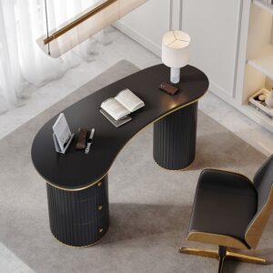 Modern Black Curved Desk 3-Drawer Wooden Home Office Desk Double Pedestal