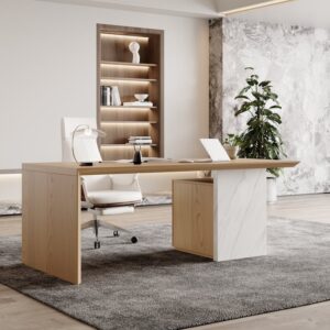 Modern White & Natural Wooden Home Office Desk with Movable File Cabinet Office Furniture (59.8")