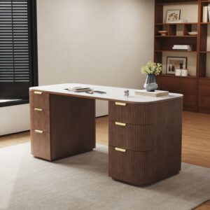 Walnut Ash & Stone Desk, 6 Drawers, 63.8"