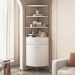 Modern White Etagere Bookshelf 1 Drawer & 2 Doors Wooden Tall Bookcase with Rich Storage