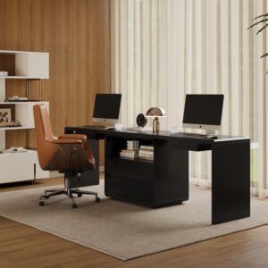 Modern 94" Rectangular Black Desk with Drawers for 2