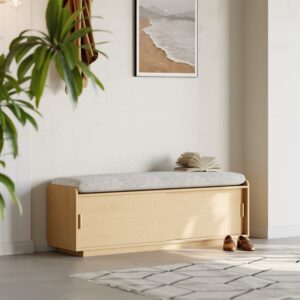 Wooden Entryway Bench with Shoe Storage, Cotton-Linen Upholstered Seat (53.1")