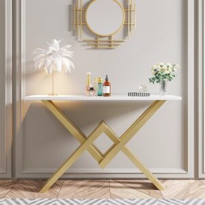 Narrow Rectangle White Console Table with Wooden Top and Gold Metal Base