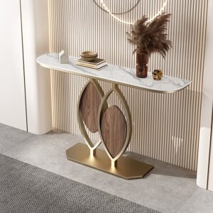 White Console Table Wooden Accent Table For Entryway with Sintered Stone Top & Abstract Base in Rose Gold & Walnut Finish