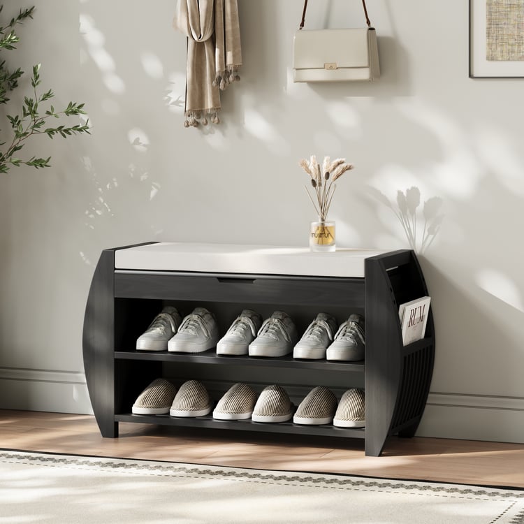 32'' Solid Wood Black Shoe Storage Entryway Bench with Shoe Rack